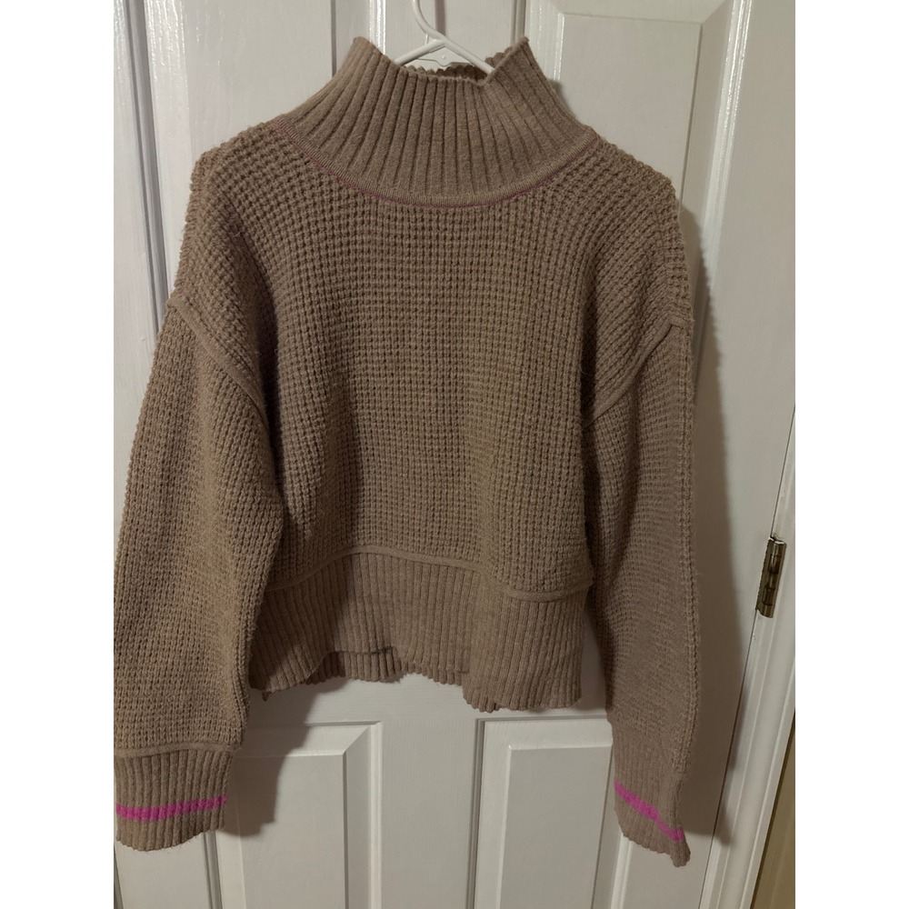 By Together Tan Waffle Knit Mock‎ Neck Sweater Hot Pink Trim Womens Small